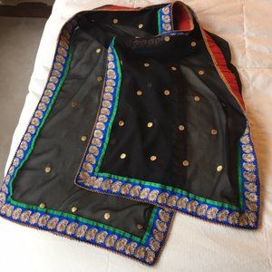 Elegant Black and Gold Scarf with Blue Trim